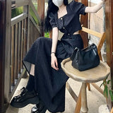 Party Summer Two Piece Set Women Korean Short Backless Puff Sleeve Blouses+High Street Bandage Long Skirts Elegant Chic Set Women