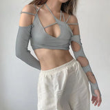 Kpop Irregular Women's T-shirt with Long Sleeves Summer Halter Backless Hollow Out Sexy Solid Crop Top Korean