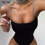 Shiny Shoulder Straps Women Bodycon Sexy Bodysuit Black White Sleeveless Summer Female Outfits High Leg One-Piece