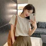 Toloer Striped Short-Sleeved T-Shirt Women's Design Sense Round Collar Bottom Shirt 2024 Summer Loose Casual Student Coat