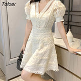Embroidery Lace Elegant Dress Woman Summer V-neck High Waist Mini Bodycon Women Clothing Vintage Party Dresses Hollow