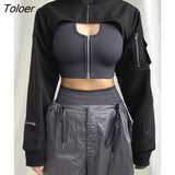 Hip Hop Solid Cargo Super Cropped Jackets Gothic Loose Zip Up High Collar Coats Streetwear Black Pockets Bomber