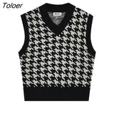 Women Sweater Vest Autumn Houndstooth Plaid V-neck Sleeveless Knitted Vintage Loose Oversized Female Sweater Vest Women