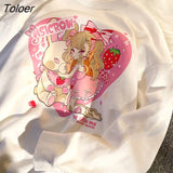 Red Love Girl Anime Print Sweatshirt Women Japan Fashion Kawaii Clothes for Teens O-neck Long Sleeve Tops 2021 Autumn