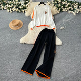 Letter Embroidered Knitted Shirt Long Sleeve Sweater High Waist Broad Leg Trousers Casual Sports Two-Piece Suit
