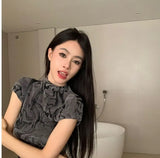 Toloer Girls Dizzy Dye Short Top 2024 Summer New Women's Design Sense Temperament Slim Half High Collar Short-Sleeved