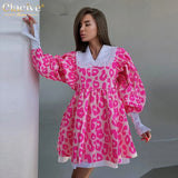 Fashion Print Women Dress 2022 Casual Chic Doll Collar Lantern Sleeve Mini Dresses Elegant Loose Patchwork Female