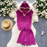 Fashion Set Women's Summer Design Three-Dimensional Relief Hooded Sleeveless Knitted Tops High Waist Broad Leg