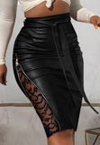 Black Leather Lace Patch Zipper High Waist Knee-Length
