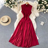 Summer Women Pleated Long Dress Vintage Stand Collar Sleeveless High Waist Draped Patchwork Vestidos Female Green/Red Robe