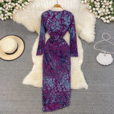 Women Elegant Winter Dress Floral Print Vintage Party Dress Sexy V-neck Full Sleeve Empire Folds Split Evening Club Velvet