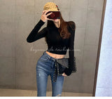 Spring Lady Black Solid red sexy Slim Fit Tee Women Highstreet Casual Long Sleeve short Tshirt Tops female girls t