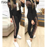 of Two Fashion Pieces for Women Leopard Print Contrast Sequin Zip Up Jacket & Pants Set Daily Clothes Women Sporty