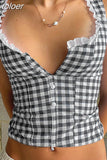 Gingham Crop Tops Summer Y2k Clothes Women Lace Trim Button Up Square Neck Backless Tank Top Cute Girls