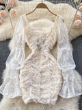 Elegant Women Floral Lace Fairy Dress Sexy Hollow Out Long Flare Sleeve Padded Square Collar Ruched Mini Party Dress