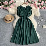 Toloer Fly Sleeve Dress Women's Summer New Design Sense V Collar Waist Show Thin Temperament Big Place French Fairy