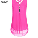 Lady Solid Color Back Bandage V Neck Sleeveless Zipper T-shirt Blouse Vest Tank Top Loose Ladies T-Shirt Tee
