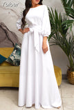 Women Elegant Long Dress O Neck Long Sleeve Lacing Full Length Dress Simple Solid Office Lady Party Night Evening Dress