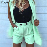 Fashion Women Two Piece Set Suit Coat and Shorts Set Solid Color Vest Coat Single Button Sleeveless Blazers with Shorts