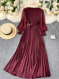 Vintage Women Pleated Long Dress Female Elegant Lantern Long Sleeve High Waist Red/Purple Draped Maxi Vestidos Spring Autumn