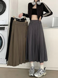 Korean Vintage Pleated Skirt Long Women Autumn Low Rise Preppy Style Casual A-Line Midi Skirt for Girls 90s