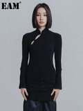 Women Black Hollow Out Slim Casual T-shirt New Stand Collar Long Sleeve Fashion Tide Spring Autumn 2023