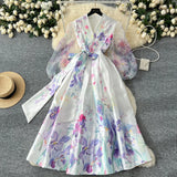 Spring Spring Court Wind Positioning Print Cross V-Neck Tie With Belt Mesh Long Sleeves Spliced