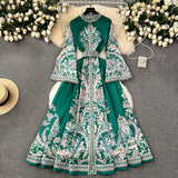 Dress New Retro Print Collar Collar Horn Sleeve Dress Women's Single Buckle Large Irregularly Folded Long