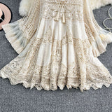 Dali Tourism Holiday Dress Women New Gentle Wind Tied V Tie Horn Sleeve Hollow Knitting