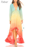 Women's Summer Bohemian Dress Printing Gradient Elegant Maxi Dress Patchwork Rainbow Color Party Dress Ruffles Sweet