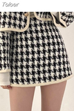Temperament Skirt Outfits Chic Plaid Two Piece Set Women Sailor Collar Cropped Coapt Bodycon Mini Skirts Suit Office Lady