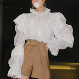 Temperament Blouse Women Chic Ruffled Collar Lace Shirts Fashion Puff Sleeve Elegant Blusas De Mujer Korean White