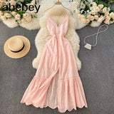 Summer Beach Hollow Out Long Dress Sexy Women V-Neck High Waist Single Breasted A-Line Big Swing Vestidos 2022 New