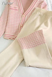 Women Knit Houndstooth Cardigan Long Sleeve Sweater Tops + Wide Leg Pants Sets Elegant V-neck Knitwear Trousers 2 Piece