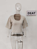 Fashion Women's T-shirt Loose Round Neck Half Sleeve Backless Cartoon Print Khaki Short Tops Cotton Summer 2023 New