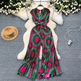 Ins Wear A Female Senior Sense Sleeveless V-Neck Tie Strap To The Belt Print Loose Broad Legs 100-Folded Jump-Fitting