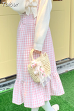 Kawaii Woolen Pink Plaid Mermaid Skirt Women Autumn Japanese Sweet Elegant High Waist Slim Strap Long Skirts Soft