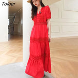 2023 Spring Summer Dress Women Cotton Patchwork Lace Dresses V-Neck Lantern Sleeve Maxi Dress Beach Long Female