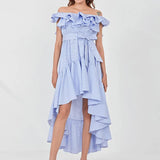 TWOTWINSTYLE Striped Ruffle Trim Irregular Hem Dress For Women Slash Neck Short Sleeve High Waist Blue Dresses Female 2022