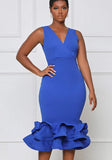 Sexy V-neck Sleeveless Solid Ruffles Layered Midi