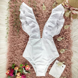 New Print Swimwear Deep V-Neck Ruffle Swimsuit Push Up One Piece Swimsuit Beach Wear Backless