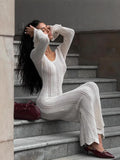 Women's Fashion Elegant V-Neck Knitted Dress Horny Sleeves Hollowed-Braceed Long