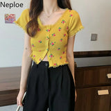 Knitted Cardigan Crop Top Women Summer 2023 Floral Lace Patchwork Shirt Single Breasted Cute T Shirts Short Sleeve