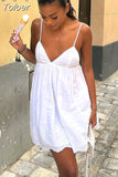 MODA 2023 Summer Women White Cotton Embroidery Dress Ladies V Neck Sleeveless Strap Tie Ruffle Heme Sheath Female