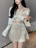Summer Fashion Elegant Women's Skirt Set Full Flare Sleeve Lace Bandage Satin Short Shirt and High Waist Skirt 2-piece