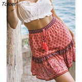 Hippie Floral Printed Mini Skirts Vintage Elastic Tassel Faldas Summer 2023 Beach Boho Casual Clothes Short Women