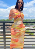 Sexy Orange Printed Halter straps Ruched See Through Bodycon Midi