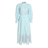 TWOTWINSTYLE Green Dresses For Women Stand Collar Puff Sleeve High Waist Hollow Out Slim Dress Female Style Summer 2022