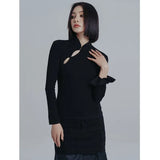 Women Black Hollow Out Slim Casual T-shirt New Stand Collar Long Sleeve Fashion Tide Spring Autumn 2023