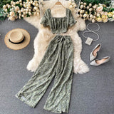 Women Autumn French Boho Floral Suits Square Collar Puff Sleeve Short Tops+High Waist Wide Leg Pants Two Pieces